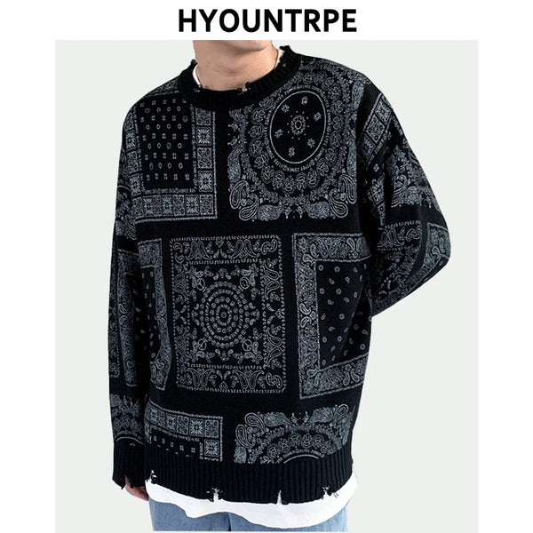 hip hop paisley printed ripped knitted holes sweater mens autumn winter long sleeve pullover streetwear loose sweaters clothing urban wear with bold artwork, trendy hip hop style outerwear, oversized graphic print design