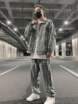 2 pieces sets mens fashion striped single breasted denim jeans jacket coat and zipper straight pants joggers new streetwear sets sporty tapered joggers