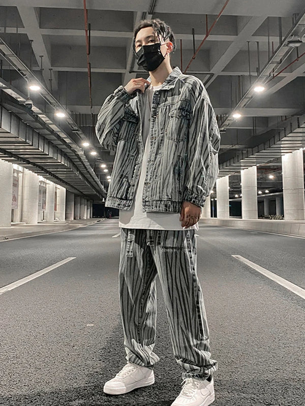 2 pieces sets mens fashion striped single breasted denim jeans jacket coat and zipper straight pants joggers new streetwear sets sporty tapered joggers