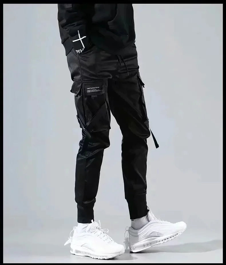 ribbons harem joggers men cargo pants streetwear 2023 hip hop casual pockets track pants male harajuku fashion trousers unique joggers style 2858