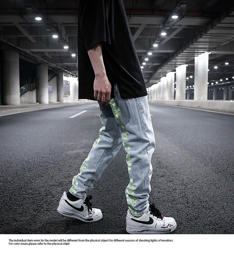 men back letter embroidery denim jean pants fashion slim zipper biker jeans trouser new casual hip hop streetwear pants joggers unique joggers style 1305