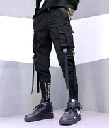 hip hop men ribbons cargo pants fashion harajuku 2023 new elastic waist casual streetwear mens joggers trousers black unique joggers style 3657