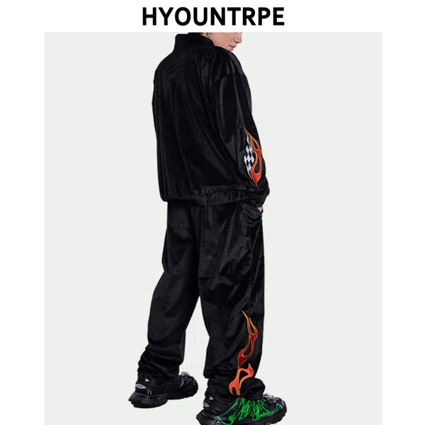 2 pieces set men embroidery velvet zipper jacket and elastic waist loose straight pants sweatsuit hip hop tracksuits sweatsuit relaxed fit trousers