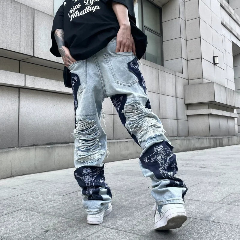men high street denim jean pants casual loose destroyed ripped holes straight jeans fashion patchwork hip hop streetwear joggers relaxed fit joggers
