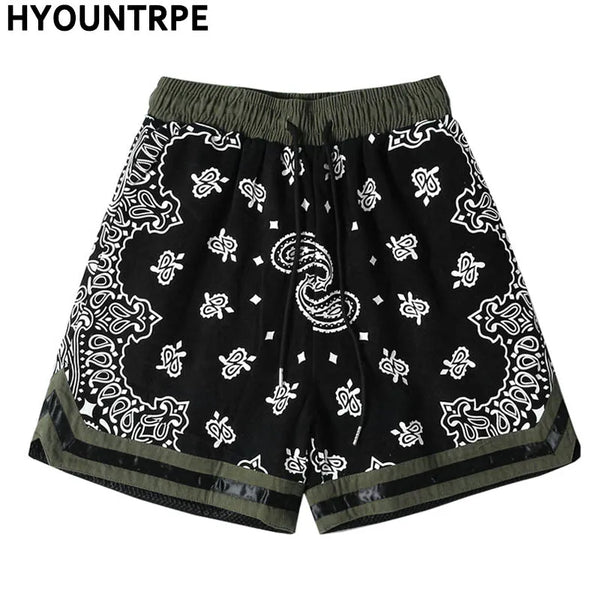 Mens Paisley Printed Hip Hop Loose Shorts Elastic Waist Sweat Shorts Casual Harajuku Drawstring Streetwear Sportswear Joggers