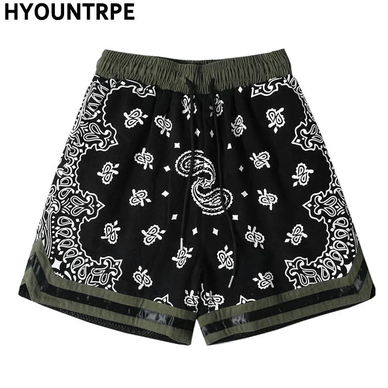 Mens Paisley Printed Hip Hop Loose Shorts Elastic Waist Sweat Shorts Casual Harajuku Drawstring Streetwear Sportswear Joggers