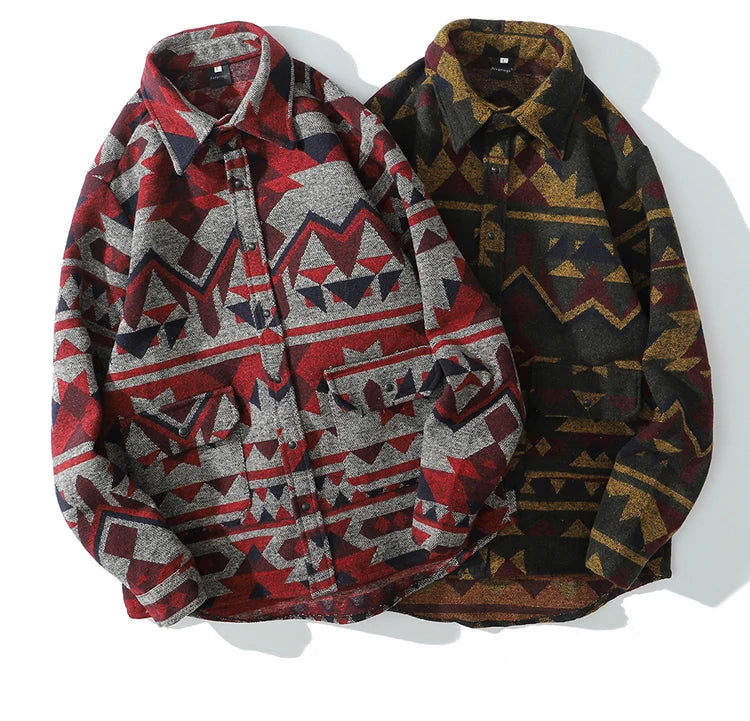 Color Retro Geometric Pattern Men Shirt Thick Casual Baggy Big Pockets High Street Autumn Streetwear