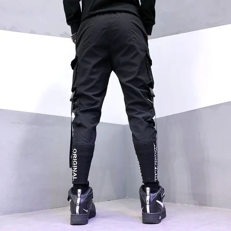 hip hop men ribbons cargo pants fashion harajuku 2023 new elastic waist casual streetwear mens joggers trousers black urban active pants