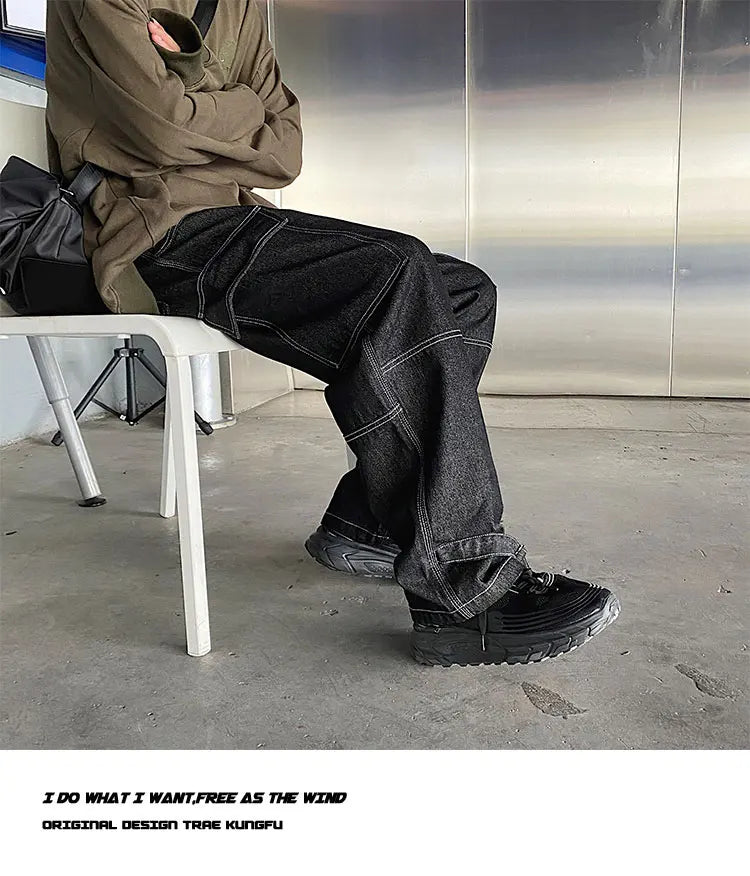 men jeans wide leg denim pants loose straight baggy mens jeans hip hop streetwear skateboard neutral denim trousers cargo jeans unique cargo style 2679