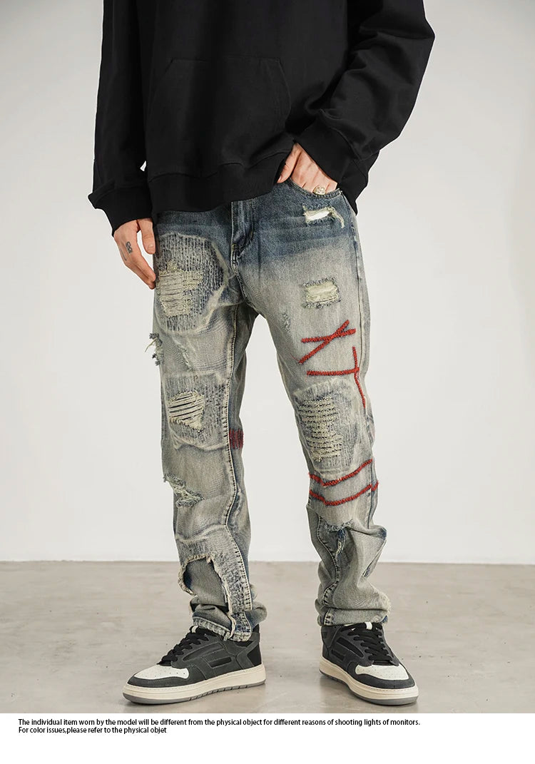destroyed ripped straight jeans pants mens distressed biker jeans fashion irregular embroidery streetwear hip hop pants joggers unique joggers style 3950