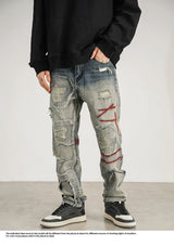 destroyed ripped straight jeans pants mens distressed biker jeans fashion irregular embroidery streetwear hip hop pants joggers unique joggers style 3950