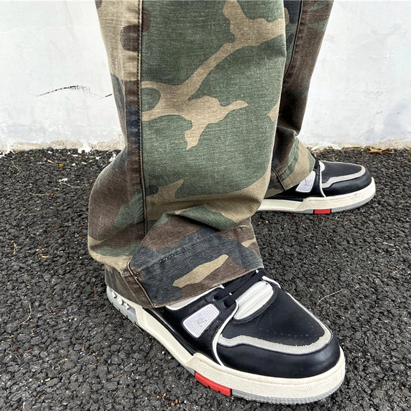 streetwear mens hip hop camouflage flare pants fashionable camo cargo pants male slim fit camouflage trousers women all match unique cargo style 5129