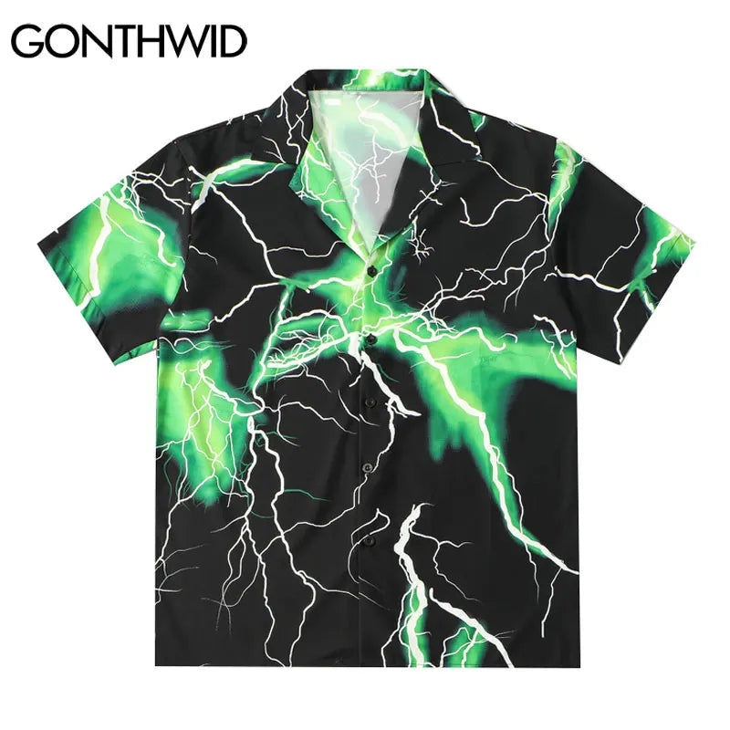 Trapwear Oversized shirt – Gonthwid Hawaiian Beach Shirts Streetwear Lightning Print Sh