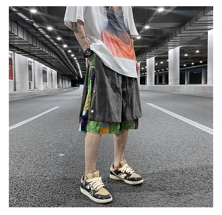 men side buttons patchwork harajuku straight shorts new elastic waist short pants joggers hip hop streetwear casual sweatshorts unique joggers style 1087