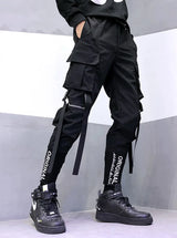 hip hop men ribbons cargo pants fashion harajuku 2023 new elastic waist casual streetwear mens joggers trousers black unique joggers style 3654