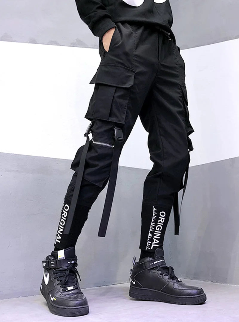 hip hop men ribbons cargo pants fashion harajuku 2023 new elastic waist casual streetwear mens joggers trousers black unique joggers style 3654