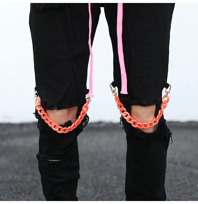 high street knee hole with chain ripped biker jeans mens slim fit denim pants autumn new streetwear casual hip hop pants joggers unique joggers style 4263