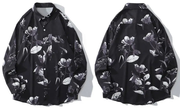 Hawaiian Beach Shirts Graffiti Flowers Print Long Sleeve Button Up
