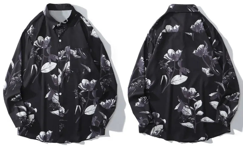 Hawaiian Beach Shirts Graffiti Flowers Print Long Sleeve Button Up
