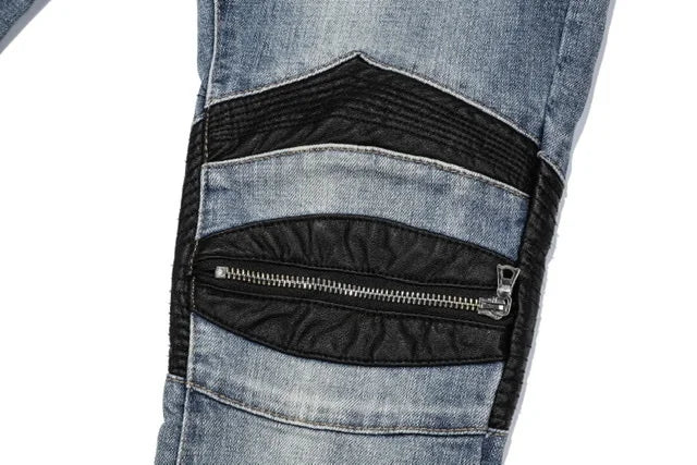knee zipper hole patckwork skinny denim jeans men casual slim biker trousers jeans fashion streetwear hip hop jean pants joggers unique joggers style 1043