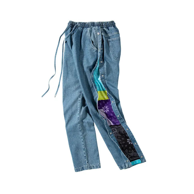 men side buttons patchwork harajuku straight denim jean pants casual elastic waist jeans trousers hip hop new streetwear joggers streetwear sweatpants