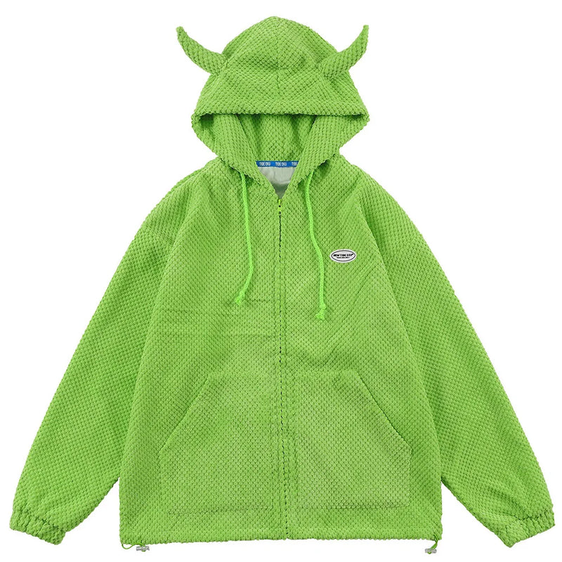 Aolamegs Hoodies Men Twist Knitting Demon Horns Solid Color Zipper Coa