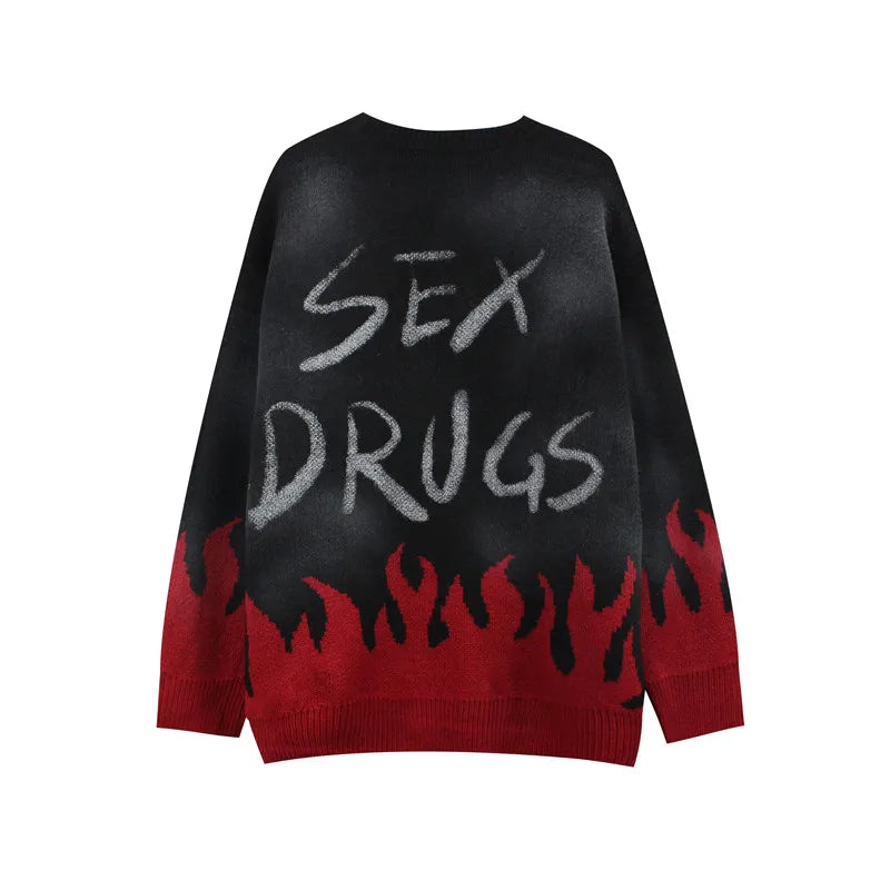 mens sweaters fashion fire harajuku sweaters casual long sleeve knitted sweater ripped holes cotton pullover jumpers man sweater streetwear fashion hoodie, trendy hip hop style outerwear, aesthetic street look hoodie
