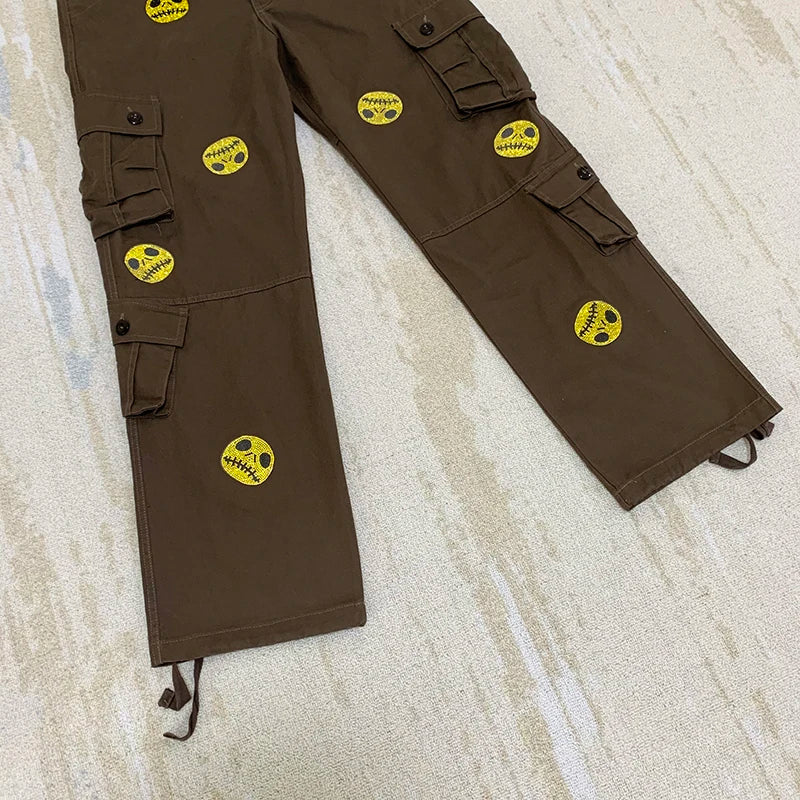 mens high street smilely loose cargo pants casual zipper straight jeans hip hop side pockets loose fit streetwear casual joggers unique joggers style 3499