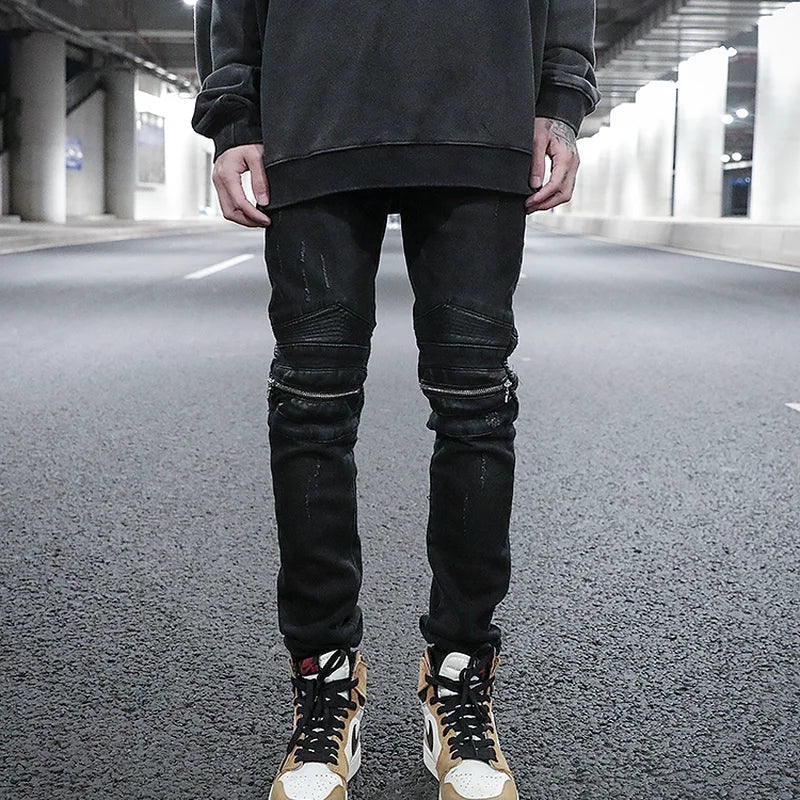 knee zipper hole patckwork skinny denim jeans men casual slim biker trousers jeans fashion streetwear hip hop jean pants joggers casual joggers