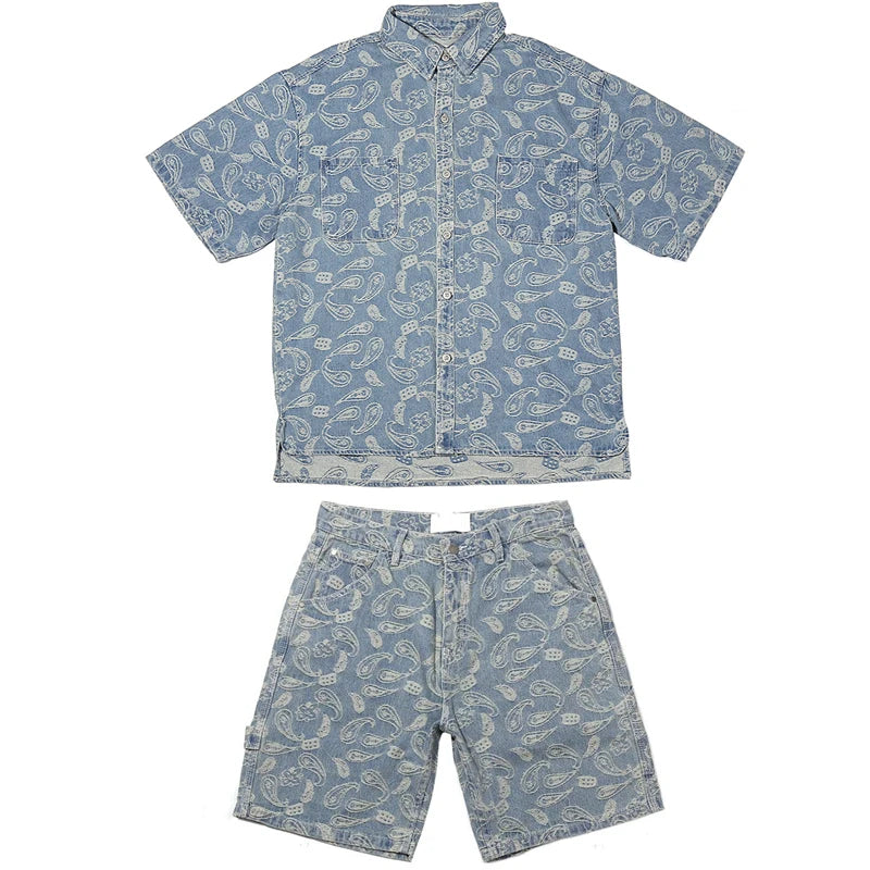 2 Pieces Sets Mens Fashion Embroidery Single Breasted Denim Jeans  Shirts and Straight Zipper Shorts Joggers Streetwear Sets