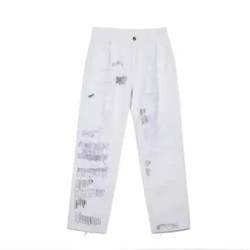 mens high street denim jean pants new casual loose ripped holes straight zipper white jeans trousers hip hop streetwear joggers unique joggers style 2626