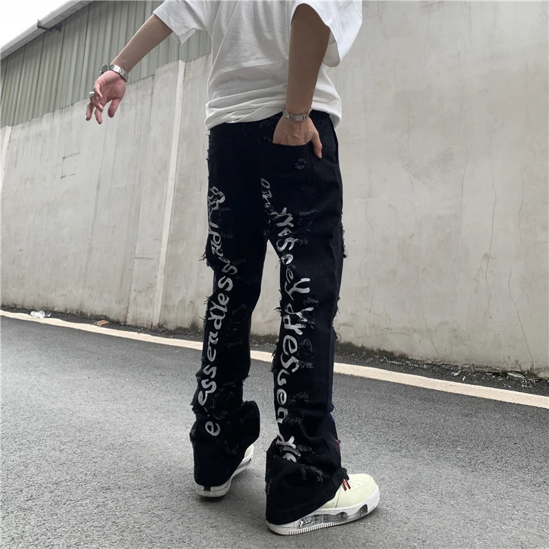 fashion back letters printed denim flare jeans mens zipper straight trouser hip hop destroy holes streetwear jean pants joggers unique joggers style 177