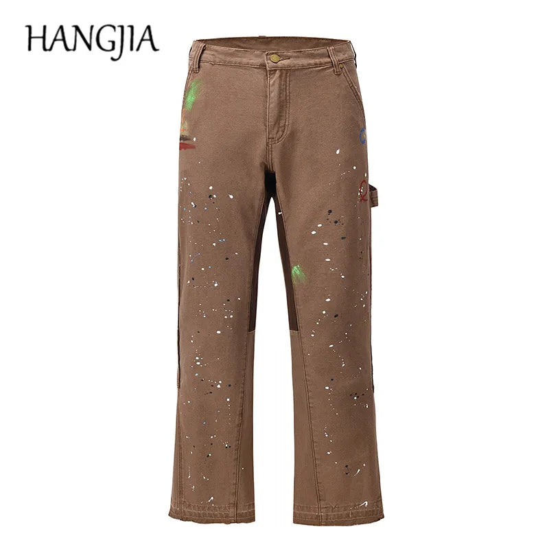 2023 streetwear graffiti cargo flared jeans khaki black splash ink wide leg denim pant hip hop cargo trousers jean men military streetwear pants