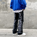 fashion back letters embroidery denim flare jeans mens zipper straight trouser hip hop destroy holes streetwear pants joggers unique joggers style 132
