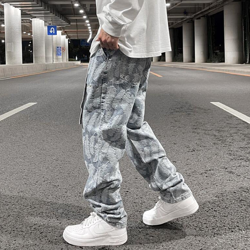 high street feathers embroidery denim pants mens zipper straight jeans trouser with belt hip hop streetwear loose joggers pants unique joggers style 3596