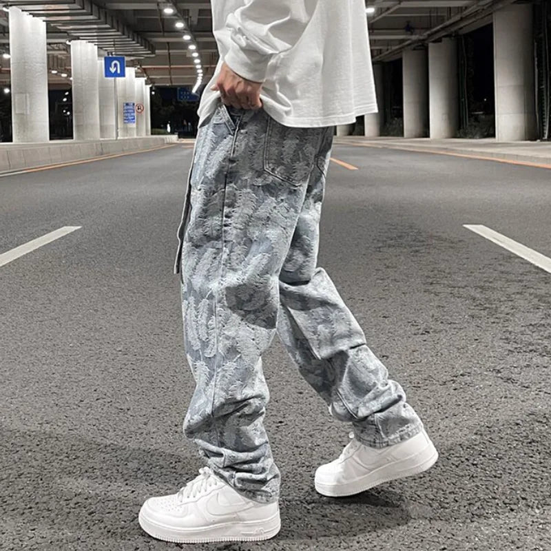 high street feathers embroidery denim pants mens zipper straight jeans trouser with belt hip hop streetwear loose joggers pants sporty tapered joggers
