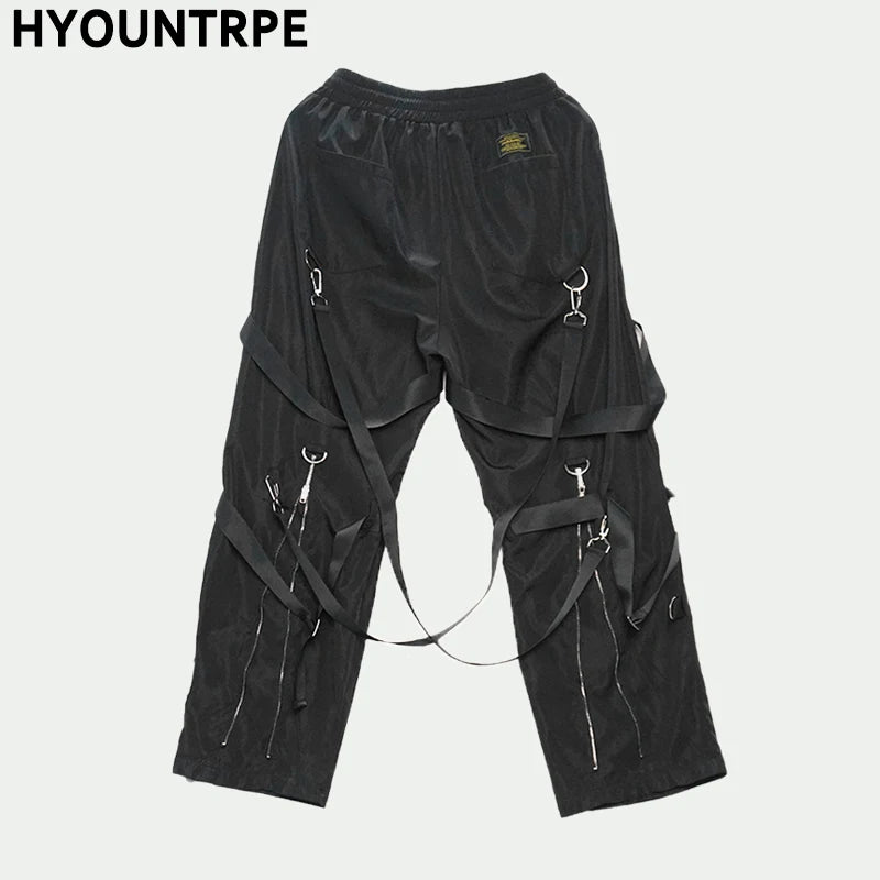 back zipper loose elastic waist cargo pants autumn new streetwear drawstring pants trousers men harajuku twine belts casual pant unique cargo style 4320