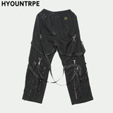 back zipper loose elastic waist cargo pants autumn new streetwear drawstring pants trousers men harajuku twine belts casual pant unique cargo style 4320