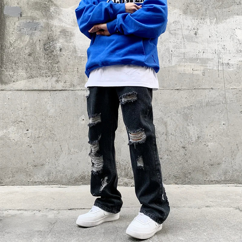fashion back letters embroidery denim flare jeans mens zipper straight trouser hip hop destroy holes streetwear pants joggers sporty tapered joggers