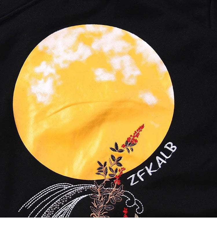 2023 Men Hip Hop Hoodie Sweatshirt Embroidered Floral Full Moon Rabbit Harajuku Streetwear Hoodie Pullover Cotton Autumn Hipster