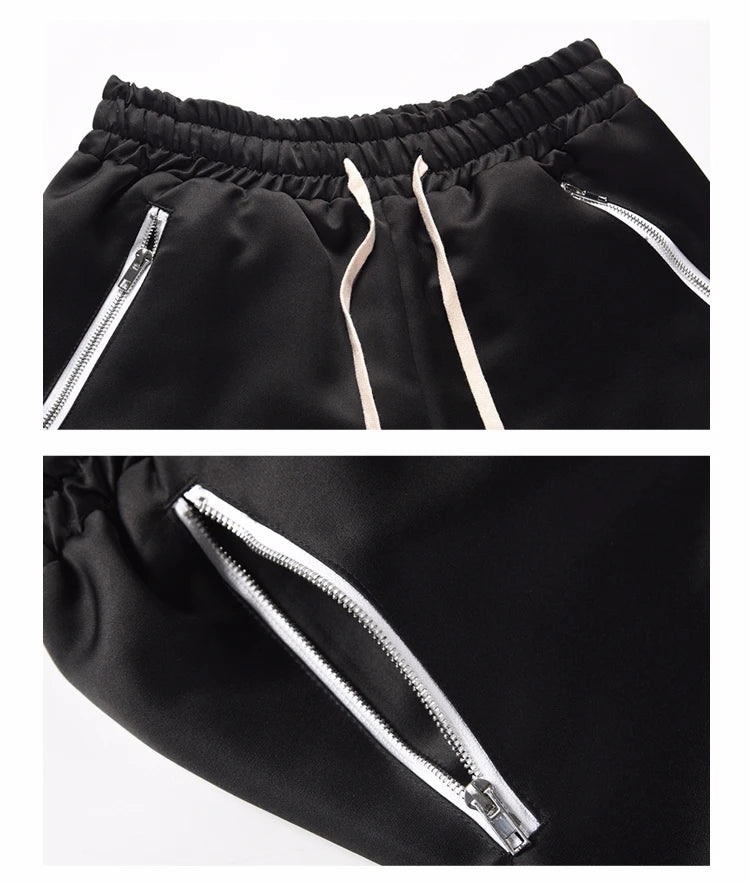 Men Hip Hop Loose Shorts Elastic Waist Shorts Fashion Satin Shorts Zipper Pocket Casual Drewstring Streetwear Sportswear Joggers