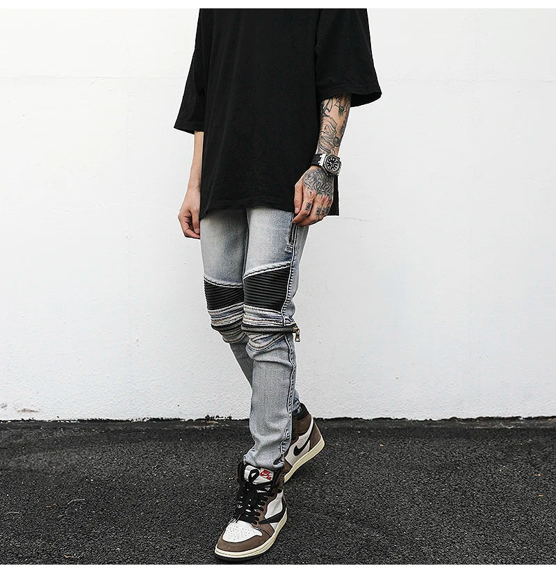 high street pu leather zippers patchwork biker jeans mens stretch denim slim jean pants motorcycle slim trousers hip hop pants unique jeans style 2311