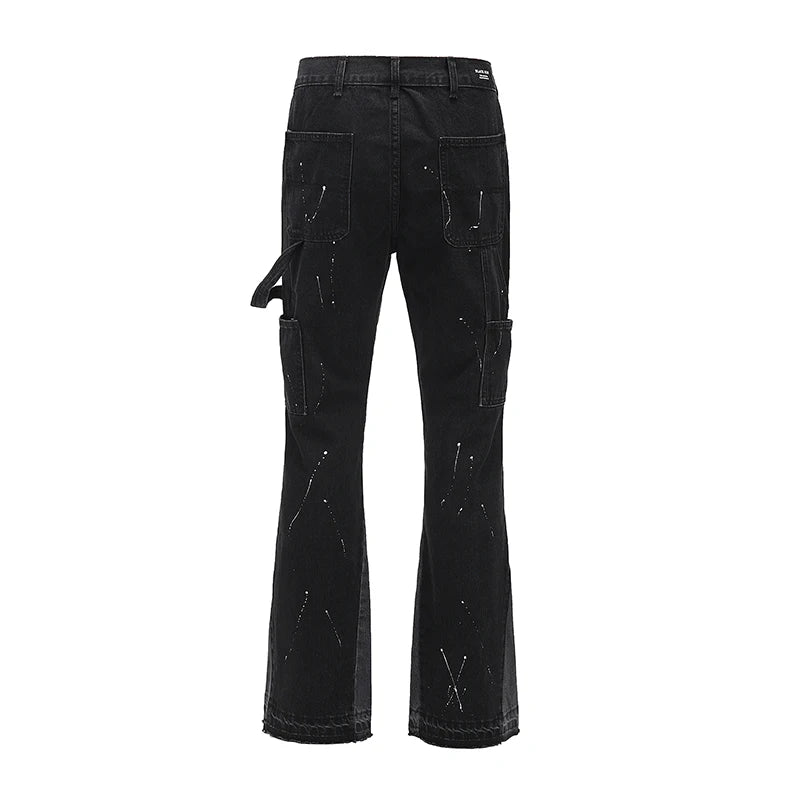 high street retro spotted ink contrast color flared jeans pants male wide leg plus size patchwork ripped denim trousers unique jeans style 112