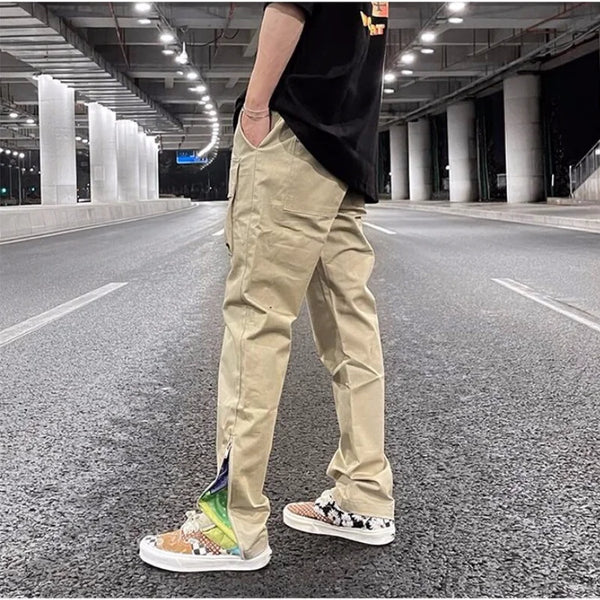 mens high street loose fit elastic waist pants bottom zipper patchwork cargo pants hip hop drawstring sportwear pants joggers streetwear sweatpants