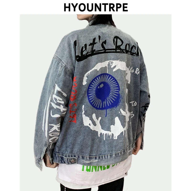 streetwear jacket featuring mens graffiti letter denim jackets fashion turn down collar long sleeve coats outerwear hip hop casual streetwear jeans jackets design – premium quality jacket for men