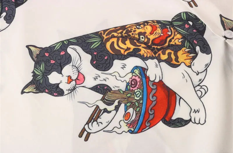 Sadcore Oversized shirt – Gonthwid Hawaiian Beach Shirts Harajuku Japanese Tattoo Cat