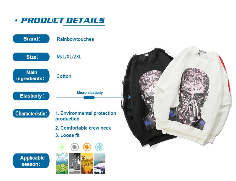 rainbowtouches long sleeve t shirt mens sweater high street fashion hip hop figure print stitching cuff design pattern coats Y2K vintage urban hoodie, aesthetic street look hoodie, urban wear with bold artwork