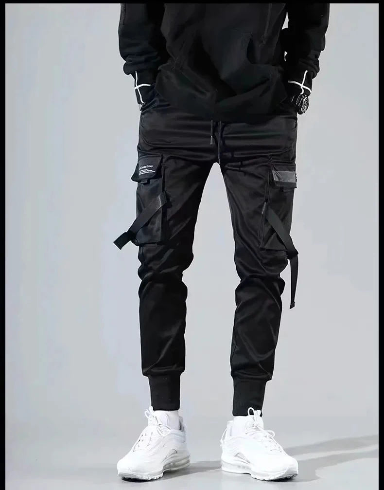 ribbons harem joggers men cargo pants streetwear 2023 hip hop casual pockets track pants male harajuku fashion trousers unique joggers style 2857