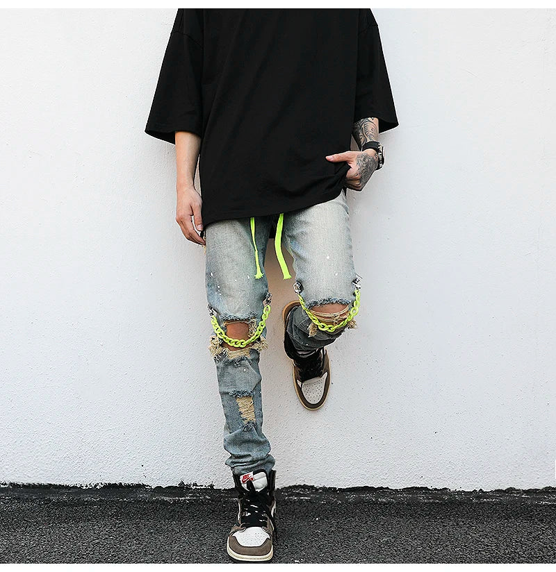 high street knee hole with chain ripped biker jeans mens slim fit denim pants autumn new streetwear casual hip hop pants joggers unique joggers style 4250