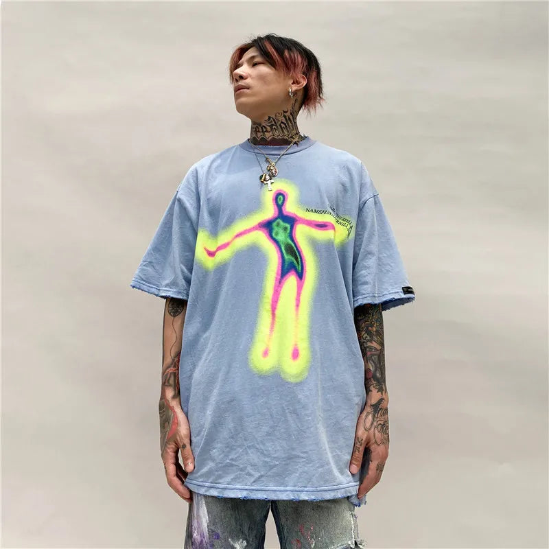 Vaporwave Aesthetic print tee – Distorted Portrait Printing Short Sleeved T Shirt Hip Hop Su